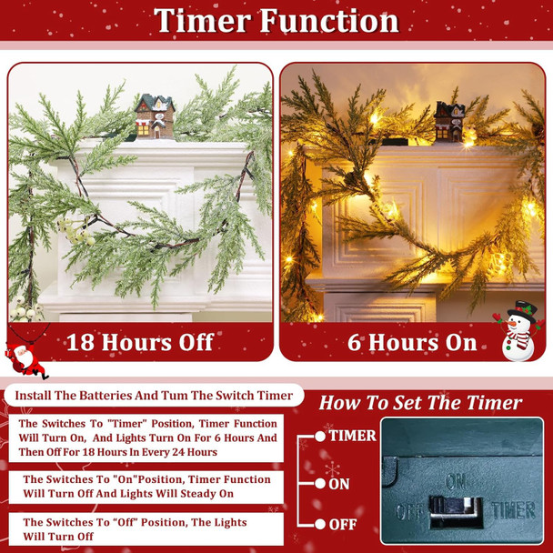 6Ft 20LED Christmas Garland with Lights Timer, Cedar Garland Snowy Christmas Garland Juniper Greenery Pine Garland Christmas Decorations with Pinecones Berried Christmas Garland for Mantle Table Home