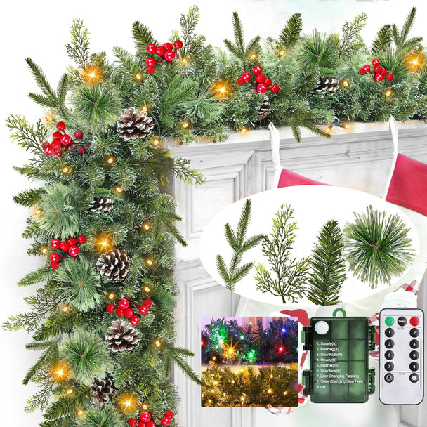Realistic-Feel PE & 4 Mixed Lifelike Branches-9 Ft by 12 Inch Prelit Norfolk Pine Christmas Garland Remote 50 Warm White&Colored Light,280 Branches&Cedar Garland &Red Berry Pinecone,Xmas Garland Decor