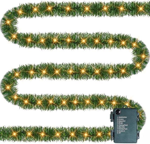 TW SHINE 30 FT Pre-Lit Christmas Garland Decorations, 100 LED Lighted Artificial Pine Garlands with 8 Modes, Green Garland for Indoor Outdoor Door Home Stairs Holiday Decor, Warm White