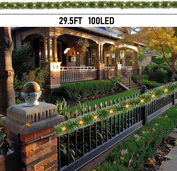 TW SHINE 30 FT Pre-Lit Christmas Garland Decorations, 100 LED Lighted Artificial Pine Garlands with 8 Modes, Green Garland for Indoor Outdoor Door Home Stairs Holiday Decor, Warm White