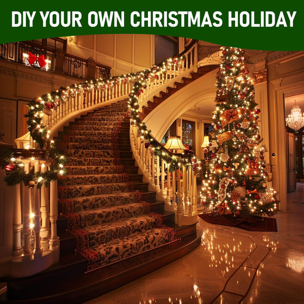 TW SHINE 30 FT Pre-Lit Christmas Garland Decorations, 100 LED Lighted Artificial Pine Garlands with 8 Modes, Green Garland for Indoor Outdoor Door Home Stairs Holiday Decor, Warm White