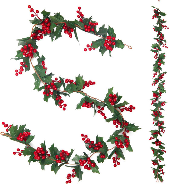 U'Artlines Total 11Ft Christmas Garland 2PCS Artificial Holiday Hanging Garlands Christmas Vine with Red Berries for Stairs Wall Fireplace Mantel Indoor Outdoor Decor (2pcs Red Berries Garland)