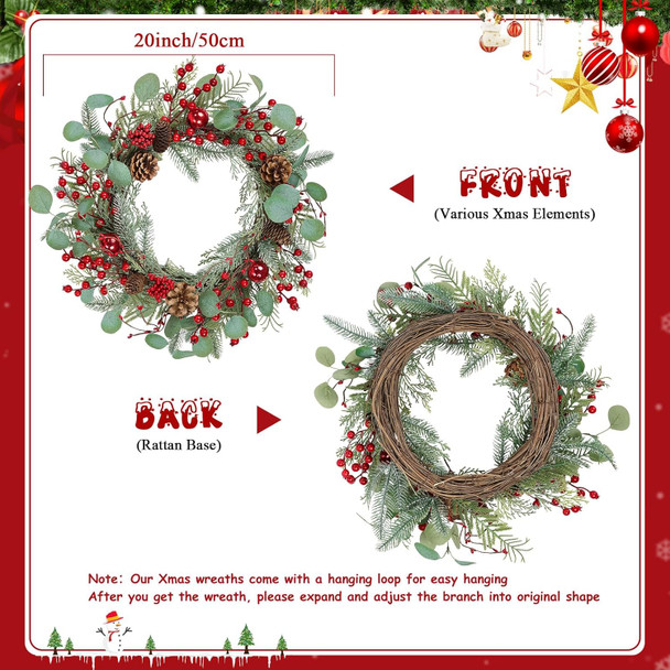 U'Artlines 20 Inch Christmas Wreaths for Front Door, Winter Holiday Wreaths with Red Berry Pine Cones Eucalyptus Leaves for Door Window Indoor Outdoor Decor (Include Xmas Wreath Storage Bag)