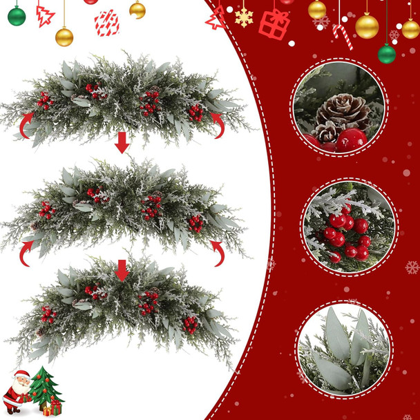 U'Artlines 2PCS Christmas Swag for Front Door, 27.5" Frost White Artificial Decorative Swag with Red Berry, Pine Cone, Berries for Window Wall Fireplace Mantle Home Holiday Xmas Decor Swag