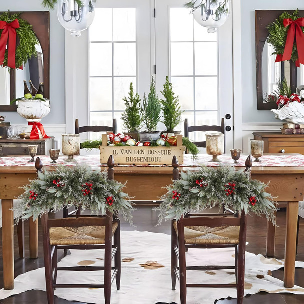 U'Artlines 2PCS Christmas Swag for Front Door, 27.5" Frost White Artificial Decorative Swag with Red Berry, Pine Cone, Berries for Window Wall Fireplace Mantle Home Holiday Xmas Decor Swag