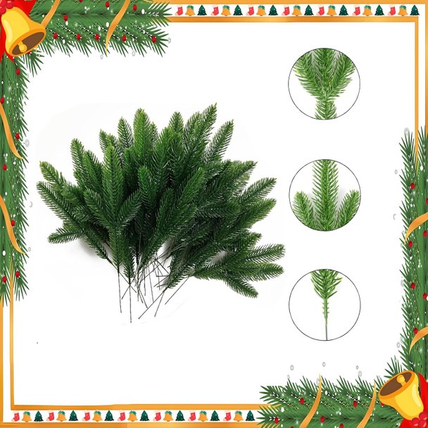 Artificial Pine Branches, Fake Christmas Greenery Pine Sprigs with 6Pcs Cute Santa Claus Decoration for DIY Garland Crafts Christmas Embellishing and Home Garden Decoration (50pcs)