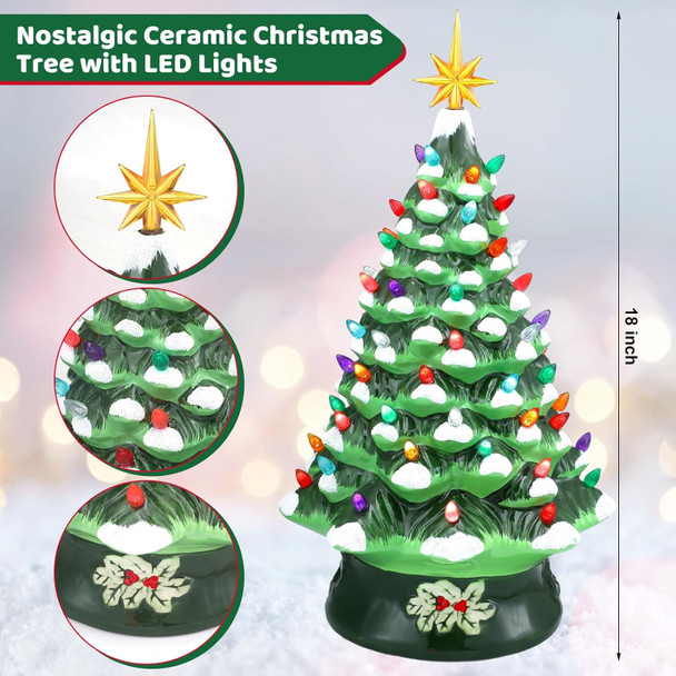 Uiifan 18in Extra Large Nostalgic Ceramic Christmas Tree Ceramic Lighted Christmas Tree with LED Lights Hand Painted Vintage Ceramic Christmas Tree Tabletop Figurine for Holiday Decorations(Green)