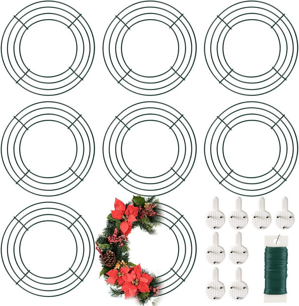 8 Pack Wire Wreath Frame 8 Inch Metal Wreath Form Wreath Ring for Crafts DIY Front Door Wreaths Christmas Year Wreaths Valentines Wedding Garden Home Party Decoration with 38 Yard Paddle Wire