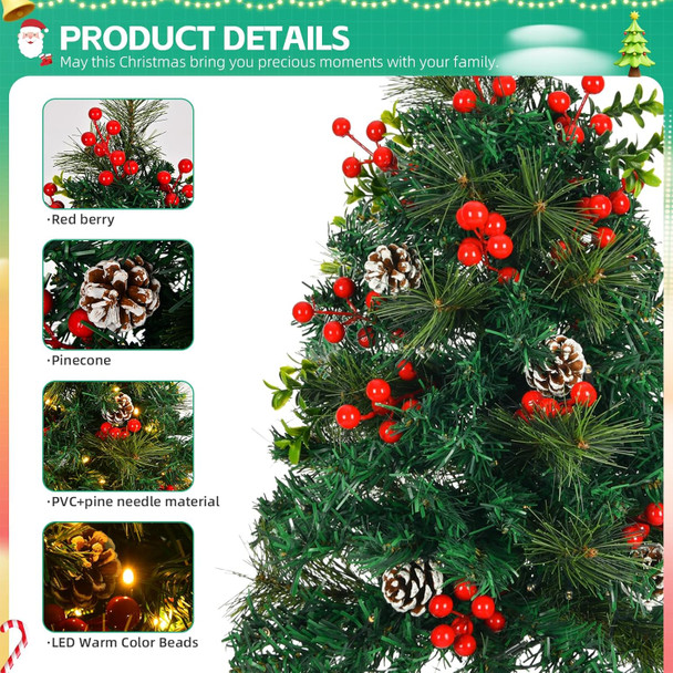 2 Pack 30 Inch Pre-Lit Pathway Christmas Trees, Artificial Christmas Tree Decorations with 50 LED Lights for Porch, Driveway, Yard, Garden, Battery Operated Holiday Decor with Red Berries, Pine Cones