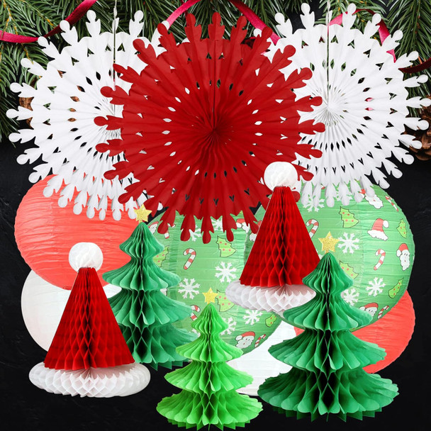 UNIQOOO 14PCS Assorted 3D Christmas Honeycomb Paper Lantern Decoration Garland Set,Celling Hanging Tissue Pine Tree Star, Santa Hat,Snowflake Fan,Japanese Lanterns for Holiday XMAS Party Banner Supply