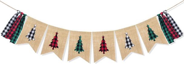 Uniwish Buffalo Plaid Christmas Tree Banner Garland Christmas Decorations for Mantel Fireplace White Red Green Christmas Gingham Tassel Hanging Bunting