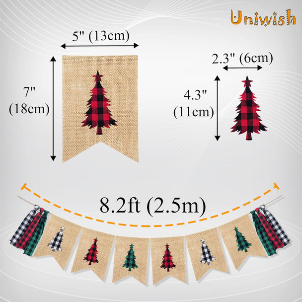 Uniwish Buffalo Plaid Christmas Tree Banner Garland Christmas Decorations for Mantel Fireplace White Red Green Christmas Gingham Tassel Hanging Bunting