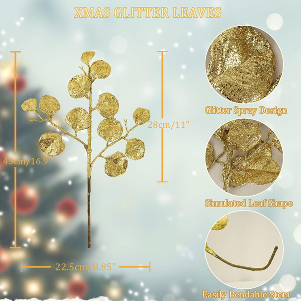 6 Pieces Golden Christmas Tree Picks and Sprays 16.9" Christmas Glitter Eucalyptus Leaves Stems for Christmas Tree Filler Wreath Swag Floral Arrangment Table Centerpieces Decoration