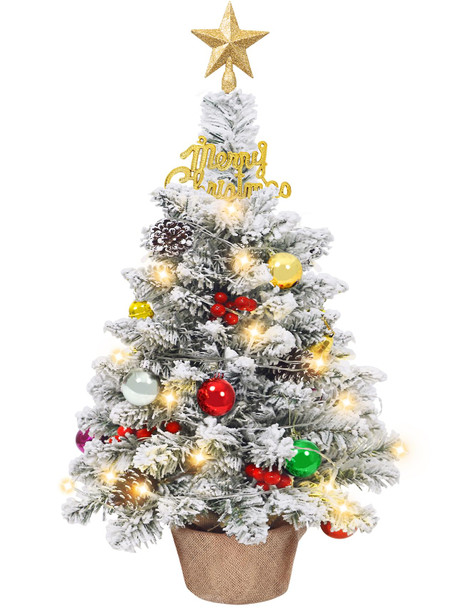 24 in Tabletop Mini Christmas Tree Set, Small Snow Flocked Prelit Christmas Tree with Warm LED Lights, Star Treetopper, Plastic Pine Cones, Berrys and Hanging Ornaments for DIY Christmas Decorations 24 in Tabletop Mini Christmas Tree Set, Small Snow Flocked Prelit Christmas Tree with Warm LED Lights, Star Treetopper, Plastic Pine Cones, Berrys and Hanging Ornaments for DIY Christmas Decorations
