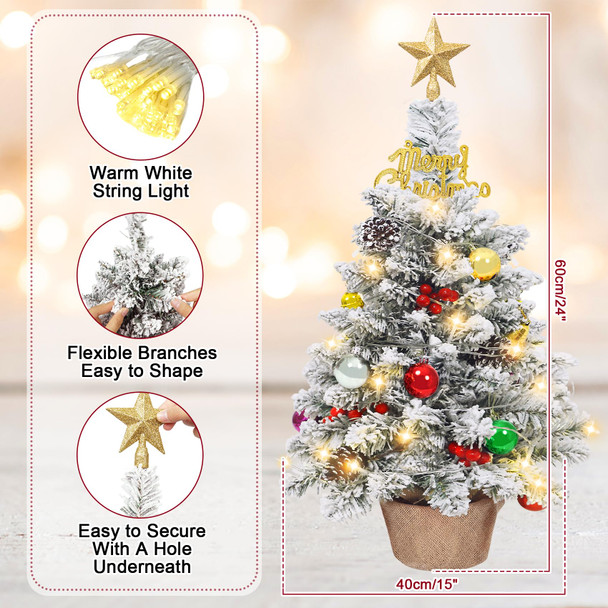 24 in Tabletop Mini Christmas Tree Set, Small Snow Flocked Prelit Christmas Tree with Warm LED Lights, Star Treetopper, Plastic Pine Cones, Berrys and Hanging Ornaments for DIY Christmas Decorations 24 in Tabletop Mini Christmas Tree Set, Small Snow Flocked Prelit Christmas Tree with Warm LED Lights, Star Treetopper, Plastic Pine Cones, Berrys and Hanging Ornaments for DIY Christmas Decorations