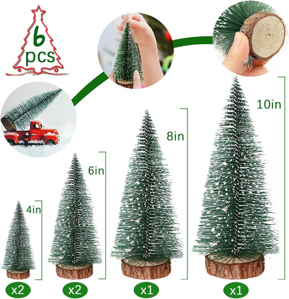 6PCS Mini Christmas Trees, Artificial Small Bottle Brush Trees Miniature Pine Trees with Snow and Wood Base for Xmas Holiday Party Tabletop Decors