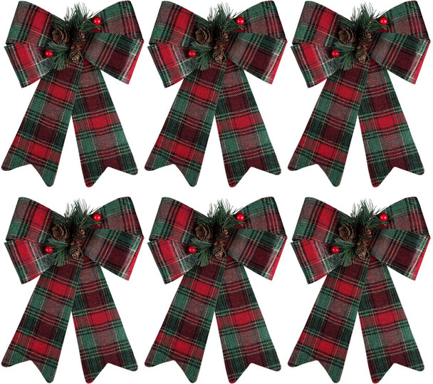 URATOT 6 Pack Christmas Wreaths Bows with Pinecones Needles Xmas Decorations Bows Natural Christmas Tree Bows for Holiday Decoration or DIY Crafts, 9 x 12 Inches