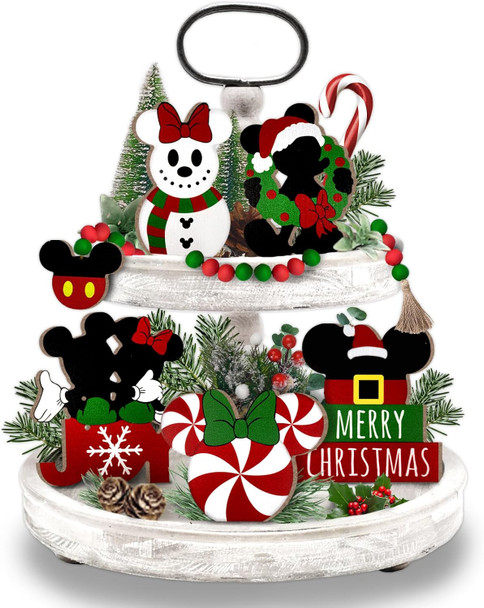 Christmas Tiered Tray Decor, Cartoon Mouse Tray Decorations, Snowman Candy Wooden Signs Wood Bead Garland, Farmhouse Rustic Winter Merry Xmas Decorations for Home Table Shelf Party Holiday 6PCs