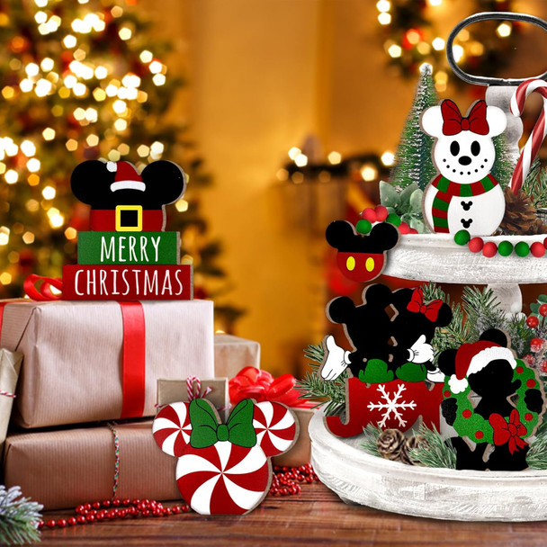 Christmas Tiered Tray Decor, Cartoon Mouse Tray Decorations, Snowman Candy Wooden Signs Wood Bead Garland, Farmhouse Rustic Winter Merry Xmas Decorations for Home Table Shelf Party Holiday 6PCs