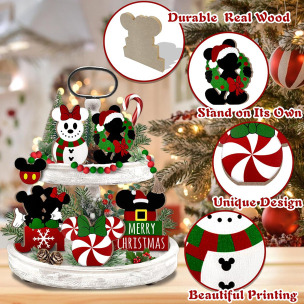 Christmas Tiered Tray Decor, Cartoon Mouse Tray Decorations, Snowman Candy Wooden Signs Wood Bead Garland, Farmhouse Rustic Winter Merry Xmas Decorations for Home Table Shelf Party Holiday 6PCs