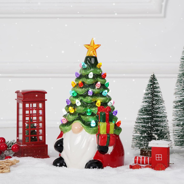 Uspring Gnome Christmas Decorations Ceramic Christmas Trees That Light Up 8'' Gnome Christmas Tree with 46 Multicolored Lights Christmas Gnomes for Tabletop Home Room Fireplace (Green)