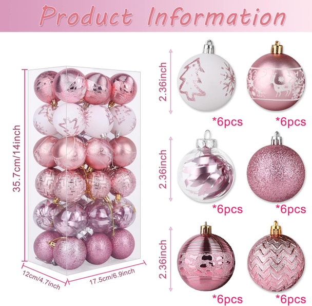 Christmas Balls Ornaments Shatterproof Pink White Christmas Tree Ornament Multicolor Xmas Trees Decorations, 2.36 inches, Set of 36pcs