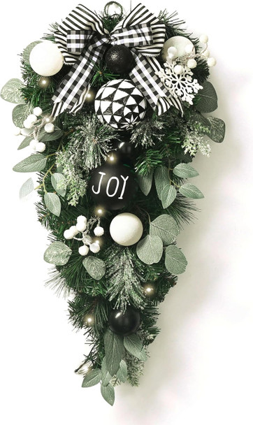 Valery Madelyn 24 Inch Christmas Teardrop Swag for Decorating Outdoor, Black White Mailbox Swag Decoration with 20 LED Lights, Christmas Ornament for Front Door Stairway Window Shelf Home Decor