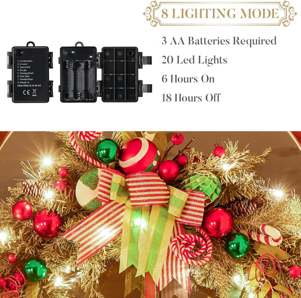 Valery Madelyn Pre-Lit Christmas Swag for Decorating Outdoor, 24 Inch Elf Red Green White Mailbox Swag Decoration Teardrop with 20 LED Lights, Ball Ornaments for Front Door Stairway Window Shelf Xmas