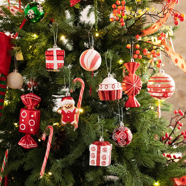 Valery Madelyn Christmas Ornaments Set, 120ct Candy Cane Red White Shatterproof Gingerbread Christmas Tree Decorations Set, Variety Decorative Hanging Ball Ornaments Bulk for Xmas Holiday Party Decor