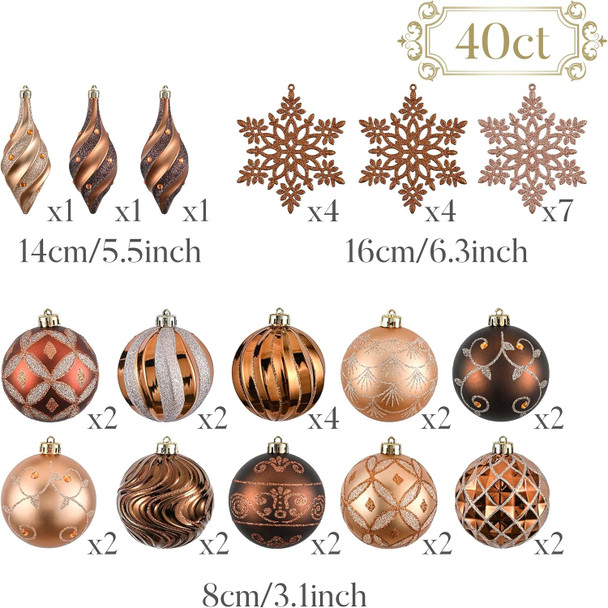 Valery Madelyn Christmas Tree Decorations Set, 40ct Bronze Copper and Gold Shatterproof Christmas Ball Ornaments Bulk, Luxury Hanging Ornaments for Christmas Trees Xmas Holiday Decor