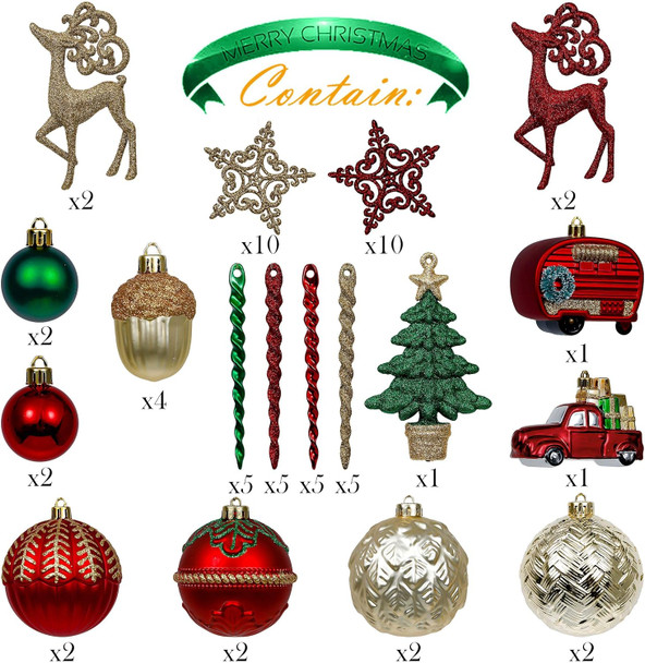 Valery Madelyn Christmas Tree Ornaments Set, 60ct Red Green and Gold Shatterproof Christmas Tree Decorations Bulk, Traditional Country Hanging Ball Ornaments for Xmas Trees Holiday Decor