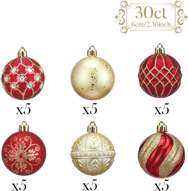 Valery Madelyn Christmas Ornaments Set, 30ct Red and Gold Shatterproof Christmas Tree Decorations Ball Ornaments Bulk, 2.36 Inches Luxury Hanging Ornaments for Xmas Trees Holiday Decor