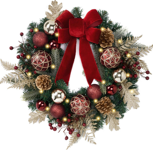 Valery Madelyn Pre-Lit Christmas Wreath for Front Door with Light, 20 Inch Large Lighted Christmas Wreath with Red Gold Xmas Ball for Fireplace Window Outdoor Table Centerpiece Holiday Home Decoration