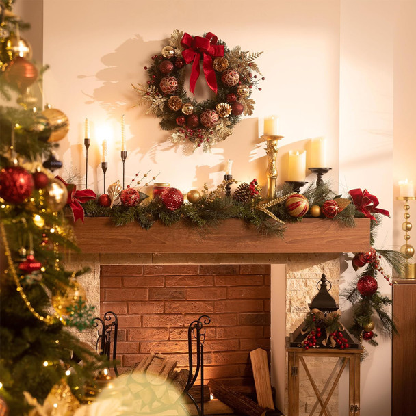 Valery Madelyn Pre-Lit Christmas Wreath for Front Door with Light, 20 Inch Large Lighted Christmas Wreath with Red Gold Xmas Ball for Fireplace Window Outdoor Table Centerpiece Holiday Home Decoration