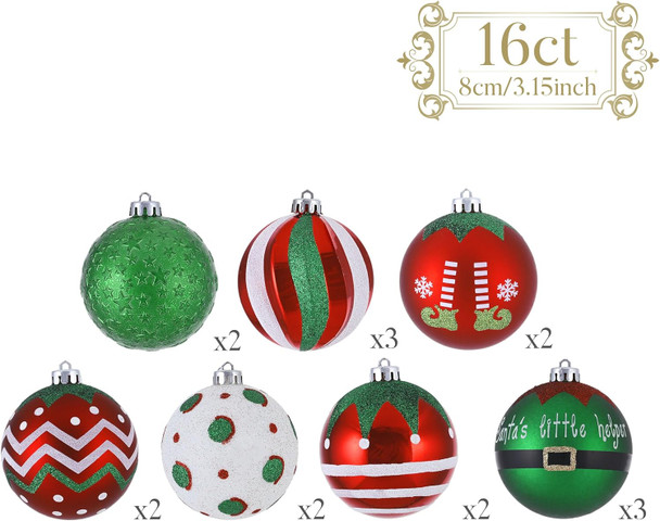 Valery Madelyn Christmas Ornaments Tree Decorations, 16ct Elf Red Green White Shatterproof Large Christmas Ball Ornaments Set, 3.15 Inch Decorative Hanging Ornament Bulk for Xmas Holiday Party Decor