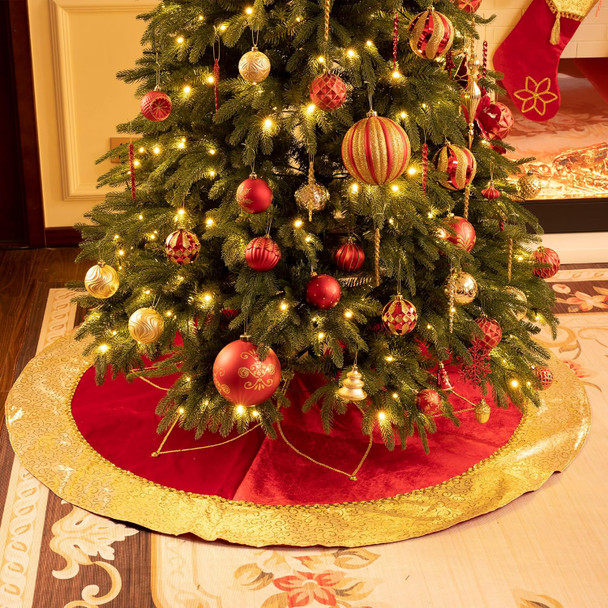 Valery Madelyn Christmas Tree Skirt for Tree Decorations, 36 Inch Fabric Luxury Red Gold Large Xmas Velvet Tree Skirt with Embroidery Flower & Golden Baroque Border Tree Merry Christmas Party Decor