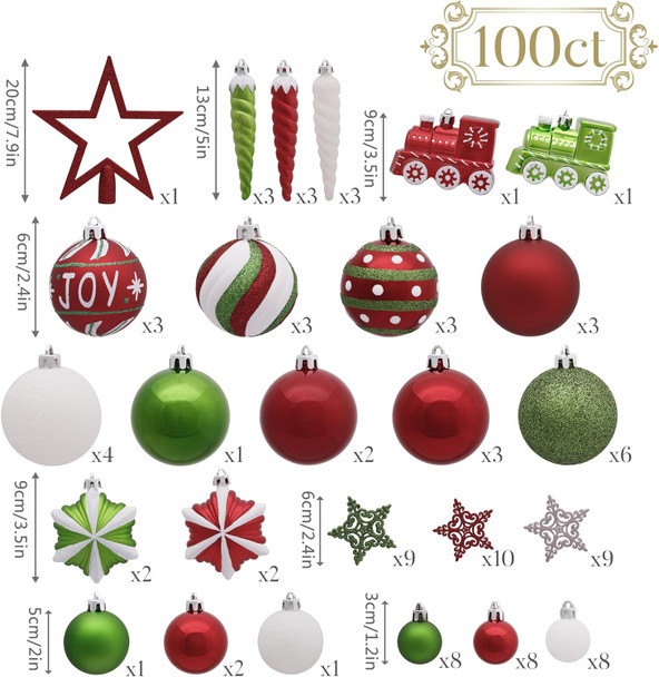 Valery Madelyn Christmas Ornaments Set, 100ct Red Green White Shatterproof Christmas Tree Decorations Variety Ball Ornaments Bulk, Whimsical Hanging Ornaments for Xmas Trees Holiday Party Decor