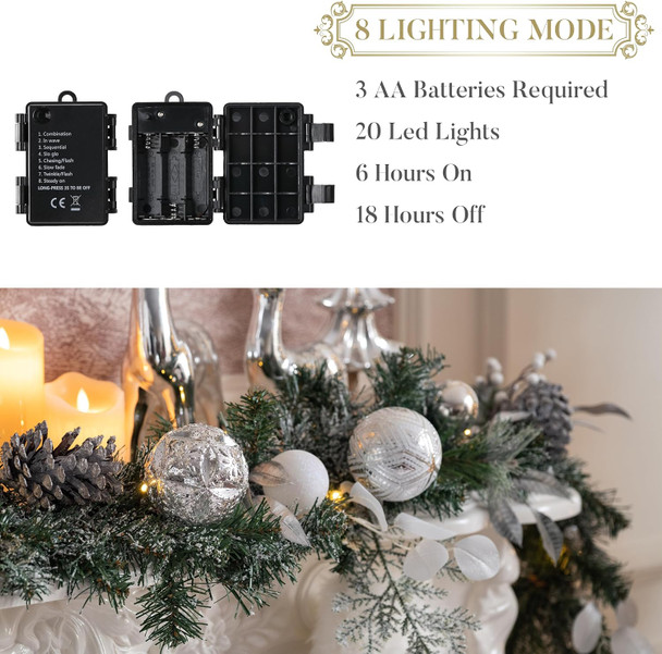 Valery Madelyn 6 feet Pre-Lit Christmas Garland with Lights for Mantle, Lighted Battery Operated Xmas Garland with Silver White Balls for Front Door Fireplace Table Centerpiece Outdoor Home Decoration