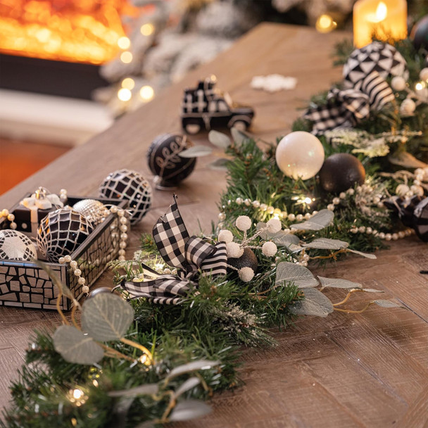 Valery Madelyn 6 feet Pre Lit Christmas Garland for Mantle with Lights, Lighted Xmas Garland with Black White Balls for Front Door Fireplace Table Centerpiece Outdoor Party Decoration Indoor