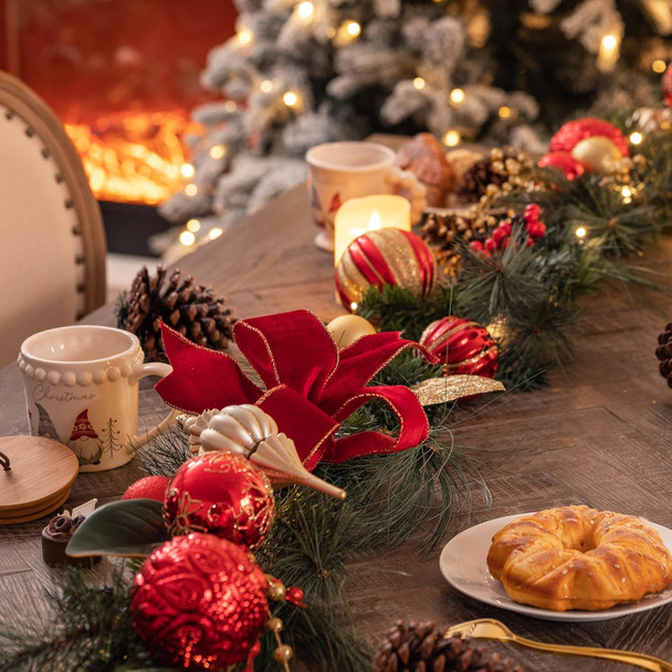 Valery Madelyn 9 feet Pre-Lit Christmas Garland with Lights for Mantle, Lighted Battery Operated Xmas Garland with Red Gold Balls for Front Door Fireplace Table Centerpiece Outdoor Window Home Decor