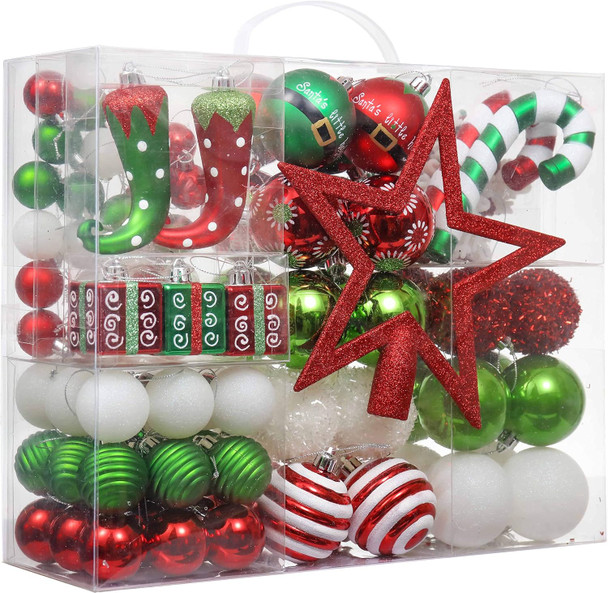 Valery Madelyn Christmas Tree Ornaments Set, 100ct Elf Red Green White Shatterproof Christmas Tree Decorations Bulk, Variety Decorative Hanging Ball Ornaments for Xmas Trees Holiday Party Decor