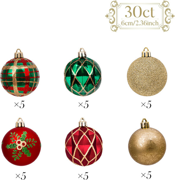 Valery Madelyn Christmas Ornaments Set, 30ct Red Green and Gold Shatterproof Christmas Tree Decorations Ball Ornaments Bulk, 2.36 Inches Traditional Country Hanging Ornaments for Xmas Trees Decor