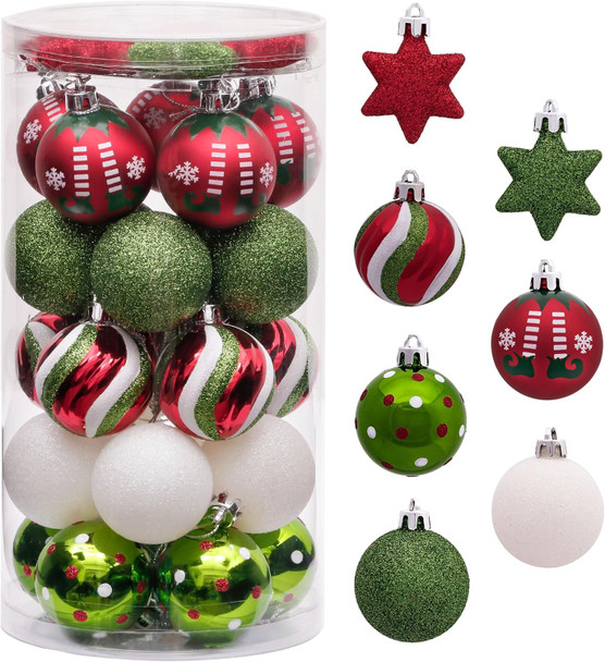 Valery Madelyn Christmas Ball Ornaments, 35ct Elf Red Green White Shatterproof Christmas Tree Decorations Set, 1.97 Inch Whimsical Decorative Hanging Ornament Bulk for Xmas Holiday Party Decor