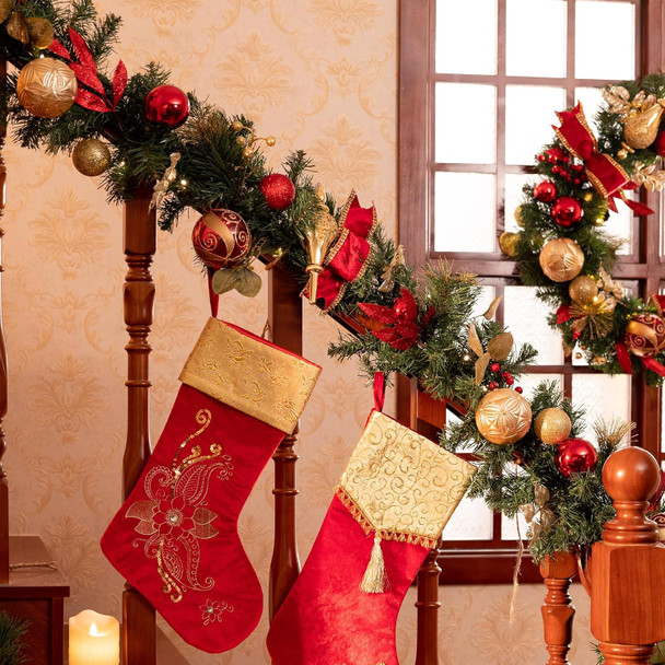 Valery Madelyn 6 feet Pre-Lit Christmas Garland with Lights for Mantle, Lighted Battery Operated Xmas Garland with Red Gold Balls for Front Door Fireplace Table Centerpiece Outdoor Window Decor