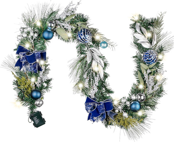 Valery Madelyn 6 feet Pre-Lit Christmas Garland with Lights for Mantle, Lighted Battery Operated Xmas Garland with Silver Blue Balls Ribbons for Front Door Fireplace Table Centerpiece Outdoor Decor