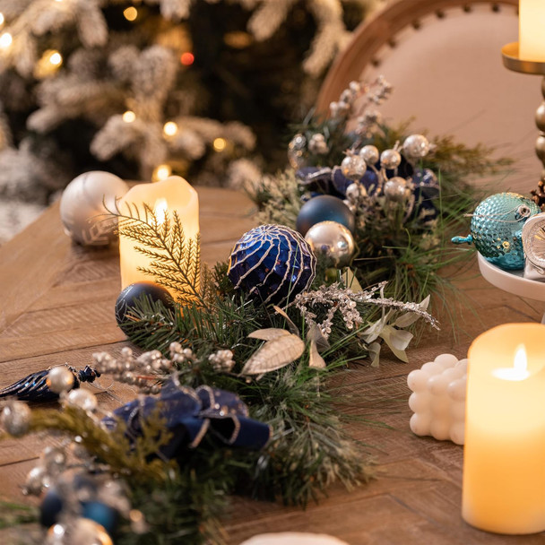 Valery Madelyn 6 feet Pre-Lit Christmas Garland with Lights for Mantle, Lighted Battery Operated Xmas Garland with Silver Blue Balls Ribbons for Front Door Fireplace Table Centerpiece Outdoor Decor