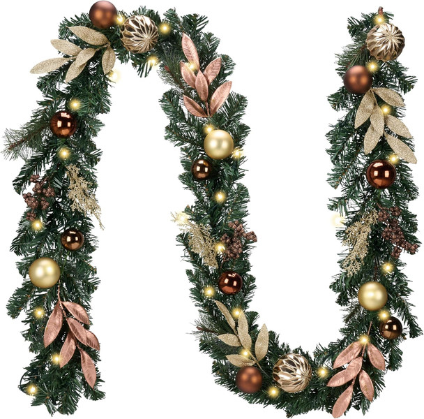 Valery Madelyn 9ft Pre-Lit Christmas Garland with Light for Mantle, Lighted Battery Operated Xmas Garland with Bronze Copper Gold Balls for Front Door Fireplace Table Centerpiece Outdoor Window Decor