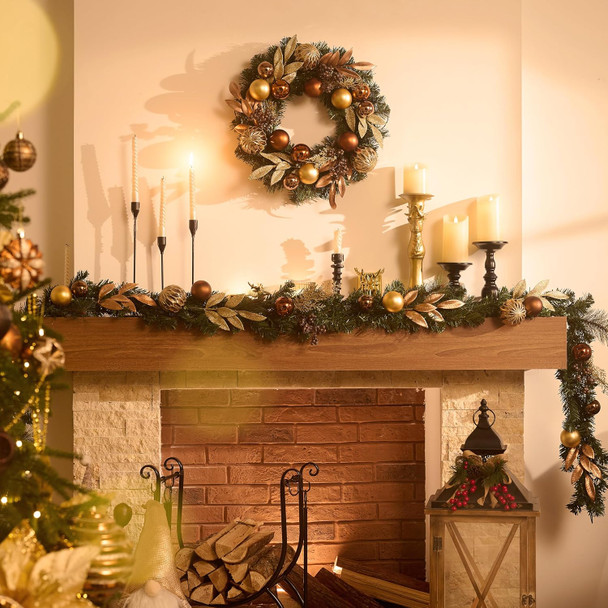 Valery Madelyn 9ft Pre-Lit Christmas Garland with Light for Mantle, Lighted Battery Operated Xmas Garland with Bronze Copper Gold Balls for Front Door Fireplace Table Centerpiece Outdoor Window Decor