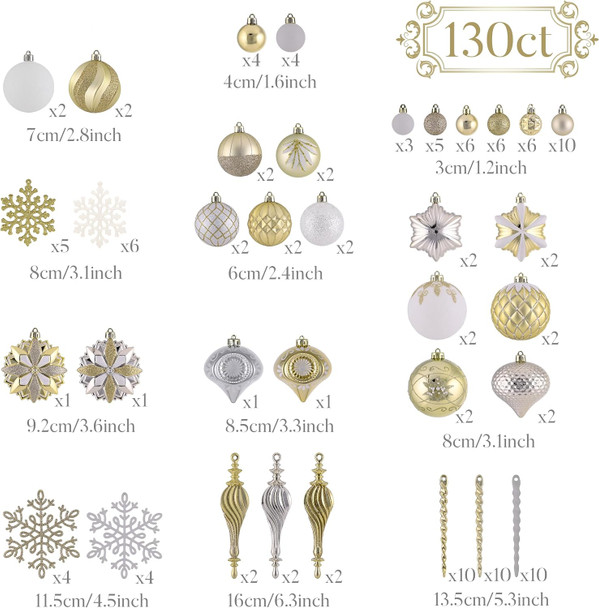 Valery Madelyn Ornaments for Christmas Trees, 130ct White and Gold Shatterproof Christmas Tree Decorations, Elegant Hanging Ball Ornaments Bulk for Xmas Holiday Decor