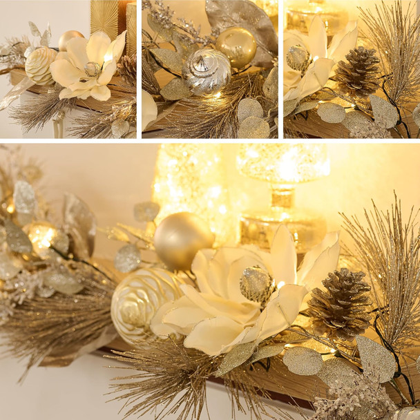 Valery Madelyn 6 feet Pre-Lit Christmas Garland with Lights for Mantle, Lighted Battery Operated Xmas Garland with Champagne Gold Balls for Front Door Fireplace Table Centerpiece Outdoor Window Decor